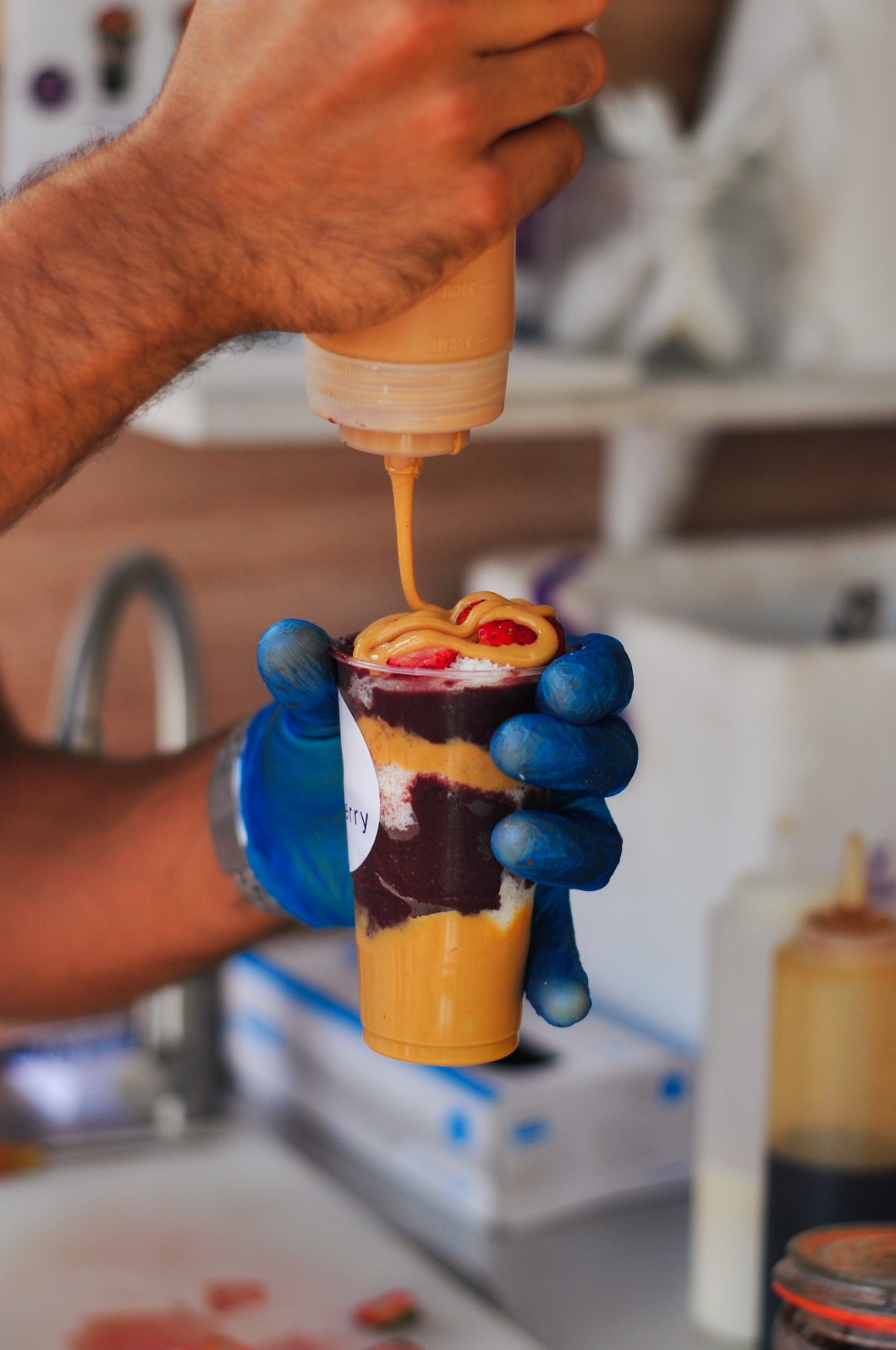 Top-down view of an açaí bowl with fresh toppings